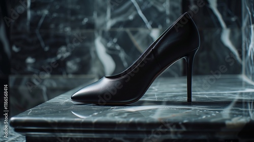 A close-up of a luxury high heel shoe in matte black leather, placed on a polished stone surface. photo