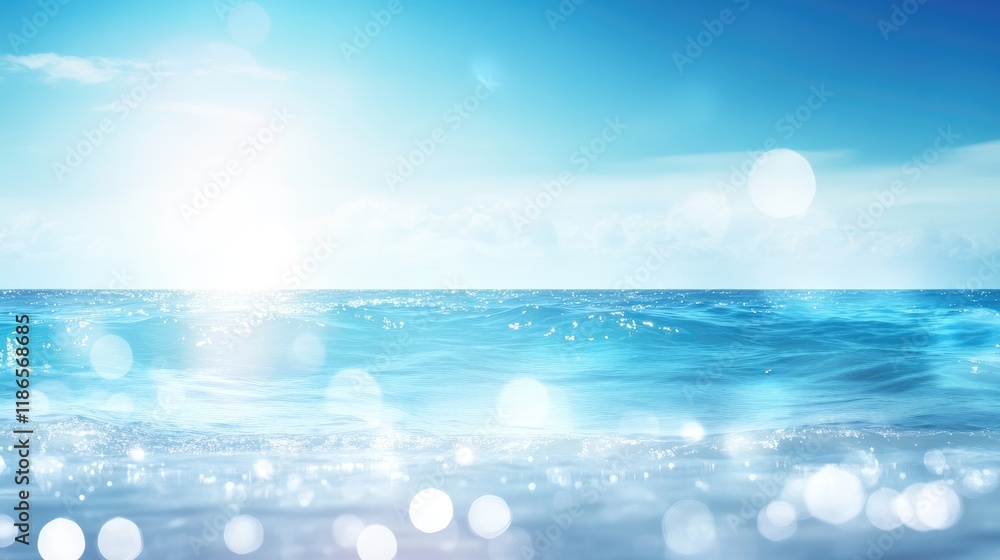 Abstract Ocean Horizon with Bokeh Effect Under Bright Sunlight for Relaxation in Spring and Summer Calm Blue Water Background Abstract Ocean Horizon with Bokeh Effect Under Bright Sunlight for Relaxation in Spring and Summer Calm Blue Water Background