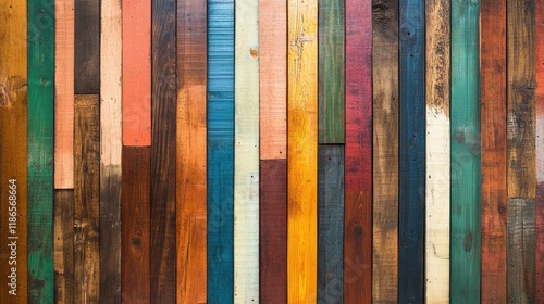 Colorful vintage wooden wall background with a textured finish showcasing various shades and patterns of stained wood. photo