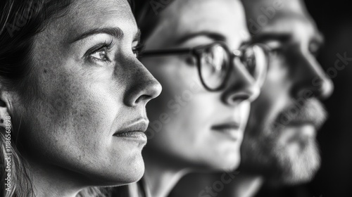 Three pensive individuals in profile view, monochrome.