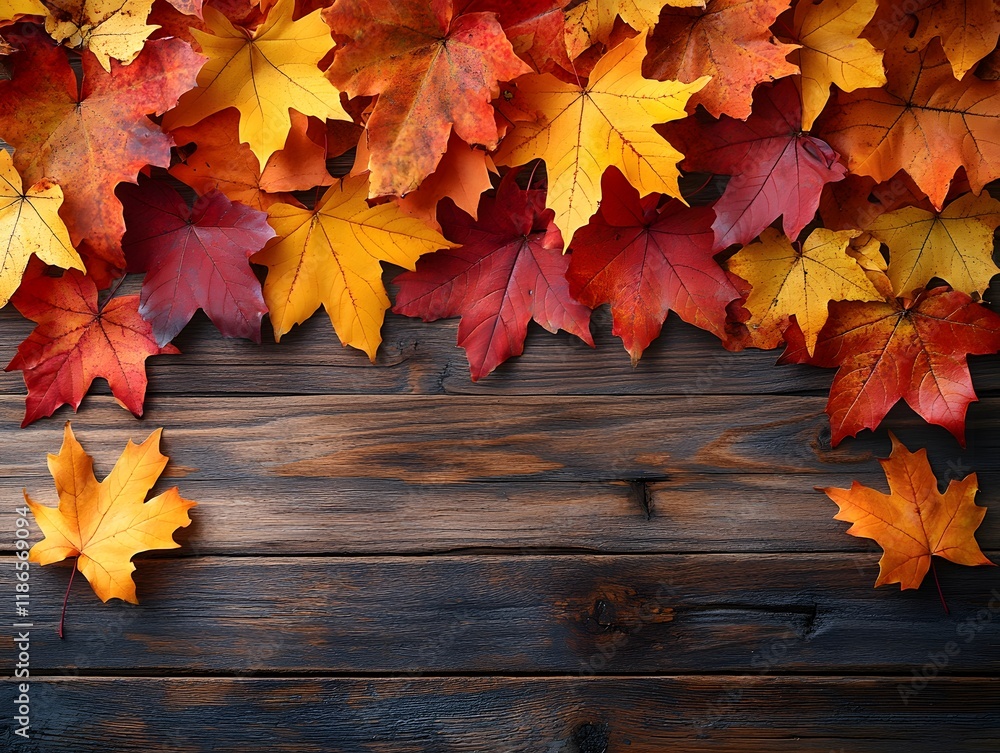 Autumn leaves scattered on a wooden table Autumn leaves scattered on a wooden table