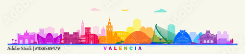 Valencia city skyline landmarks abstract colorful banner design, Spain.