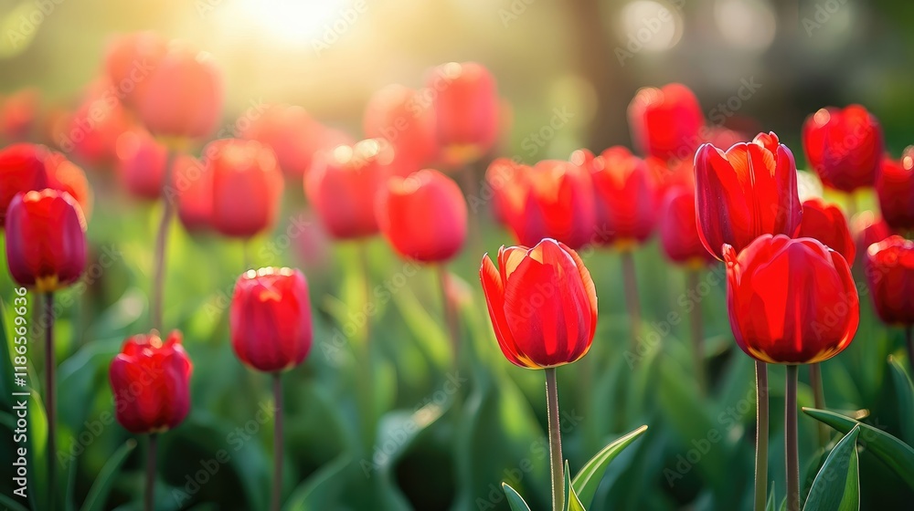Fototapeta premium Vibrant red tulip blossoms illuminated by sunlight in a lush garden setting showcasing nature's beauty and floral elegance.