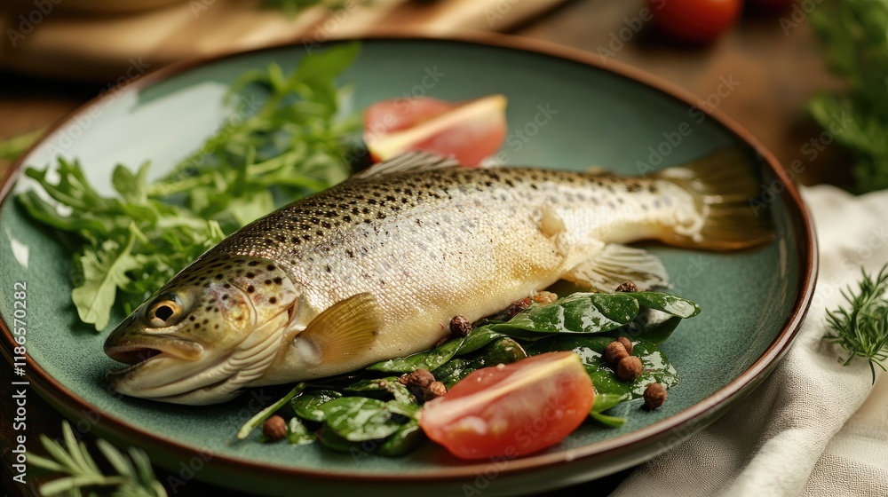 Trout fillet garnished with spinach cream served on a rustic plate with fresh vegetables and herbs Trout fillet garnished with spinach cream served on a rustic plate with fresh vegetables and herbs