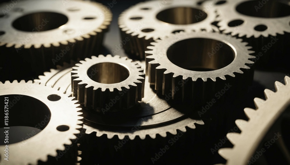 Close-up of intricate gear teeth, cinematic light, and soft shadow play Close-up of intricate gear teeth, cinematic light, and soft shadow play