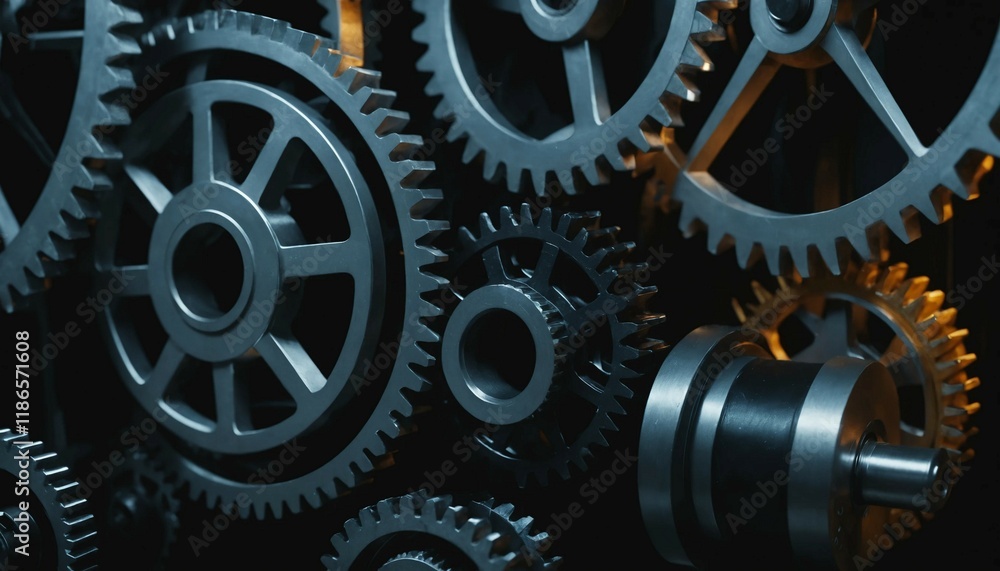Close-up of mechanical gear under cinematic lighting, shadows enhancing details Close-up of mechanical gear under cinematic lighting, shadows enhancing details