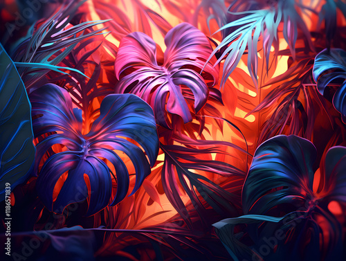Abstract creative neon background with tropical leaves
