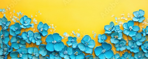 turquoise flowers, yellow background, creative design, spring theme, floral arrangement, vibrant colors, decorative elements Bright yellow serves as a cheerful backdrop for cascading turquoise