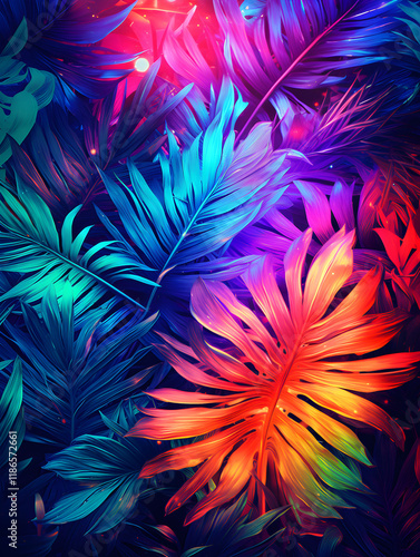 Abstract creative neon background with tropical leaves