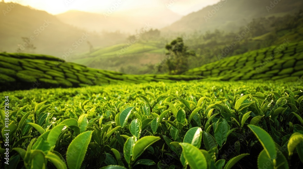 Fototapeta premium Lush green tea plantations surrounded by majestic hills under soft sunlight creating a serene natural landscape.
