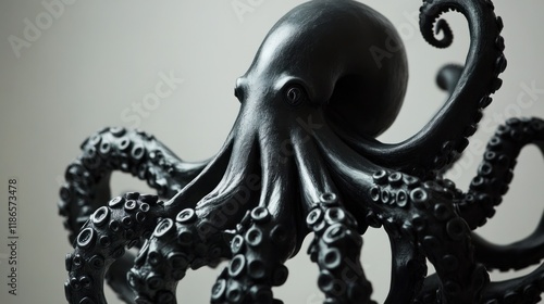 Close-up of a black octopus sculpture, detailed texture and curled tentacles. photo