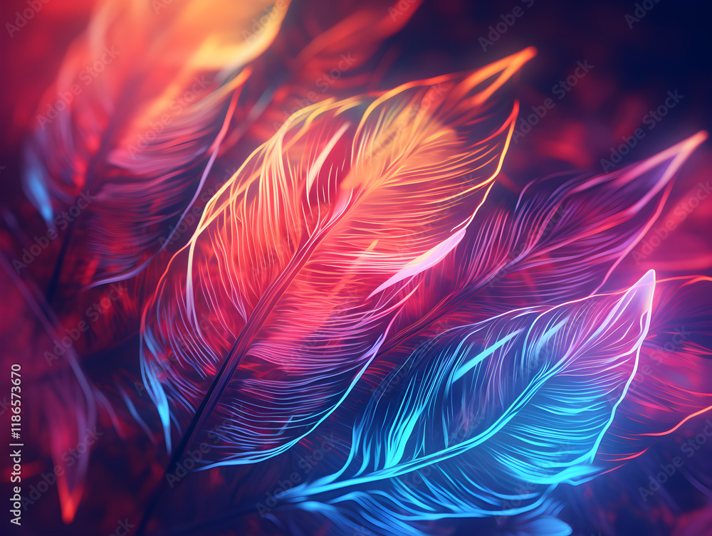 Fototapeta premium Abstract magical glowing neon background with tropical leaves