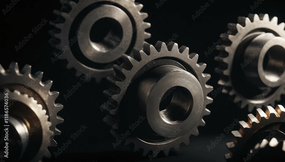 Detailed gear teeth in cinematic lighting, shadows adding texture depth Detailed gear teeth in cinematic lighting, shadows adding texture depth
