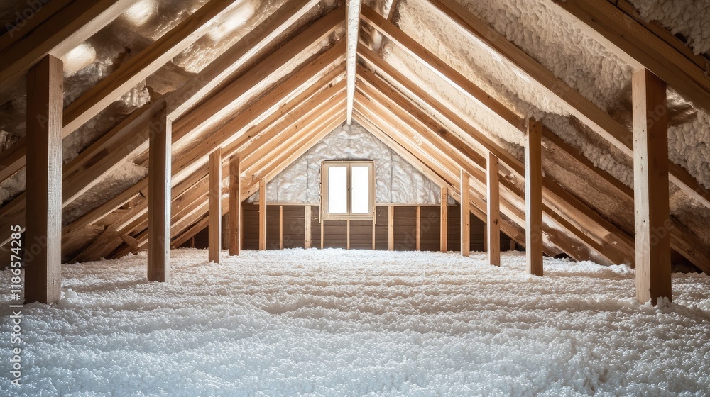 White spray foam insulation applied in attic rafters showcasing timber framework and insulated ceiling for energy efficiency White spray foam insulation applied in attic rafters showcasing timber framework and insulated ceiling for energy efficiency