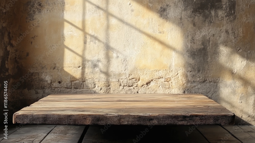 Rustic wooden tabletop for product display with soft shadows in an aged, atmospheric interior setting Rustic wooden tabletop for product display with soft shadows in an aged, atmospheric interior setting