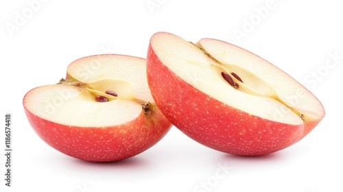 Fresh red apple slices with seeds isolated on clean white background showcasing vibrant color and natural texture