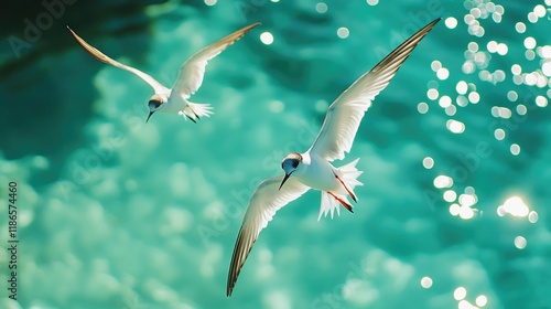 Elegant white skimmers in flight above shimmering turquoise waters with vibrant reflections and a serene coastal atmosphere photo