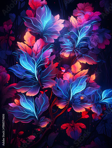 Abstract magical glowing neon background with tropical leaves