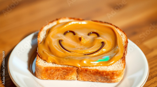 Smiling peanut butter toast on a plate. A fun and delicious breakfast or snack idea, perfect for kids and adults alike. photo