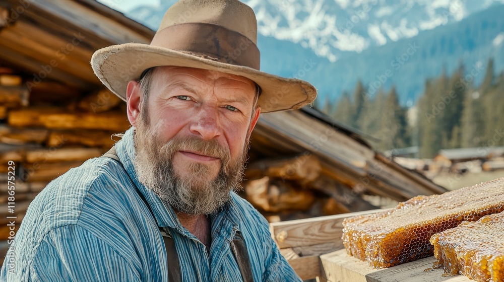 Mature Man with Beard in Rustic Setting Holding Honeycomb Against Scenic Mountain Background Mature Man with Beard in Rustic Setting Holding Honeycomb Against Scenic Mountain Background