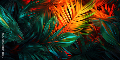Abstract creative neon background with tropical leaves
