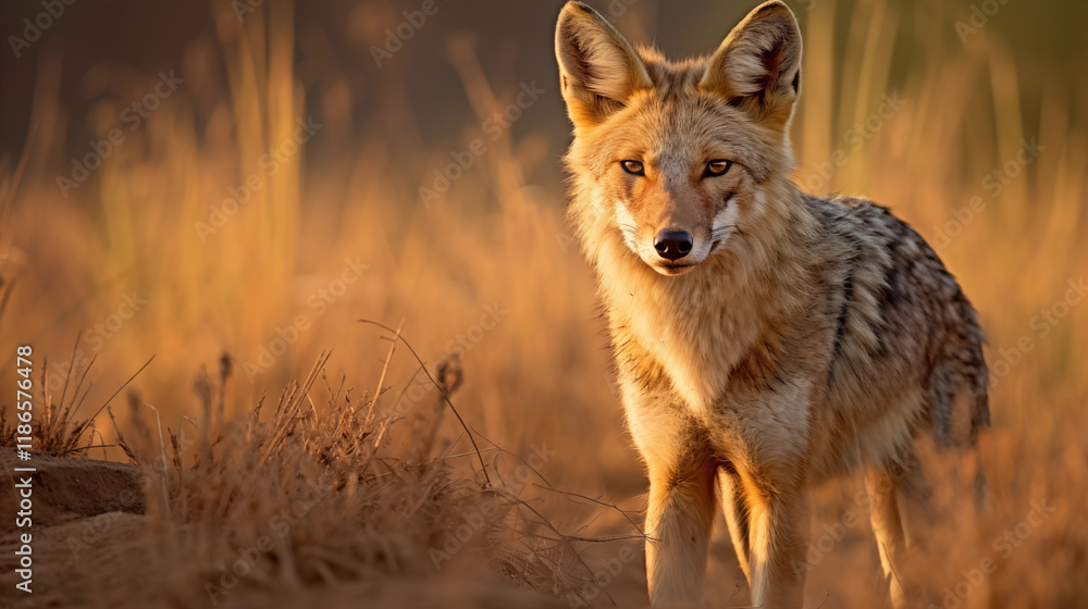 Capturing the Spirit of the Wild: An Alarmed Jackal in its Natural Wilderness Habitat at Sunset Capturing the Spirit of the Wild: An Alarmed Jackal in its Natural Wilderness Habitat at Sunset