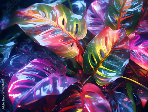 Abstract background with glowing holographic tropical leaves 