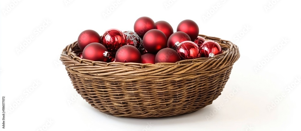 Wicker basket overflowing with shiny red Christmas ornaments ideal for creating a warm and festive holiday atmosphere in home decor Wicker basket overflowing with shiny red Christmas ornaments ideal for creating a warm and festive holiday atmosphere in home decor