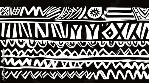 Abstract black and white tribal pattern with geometric shapes and symbols.