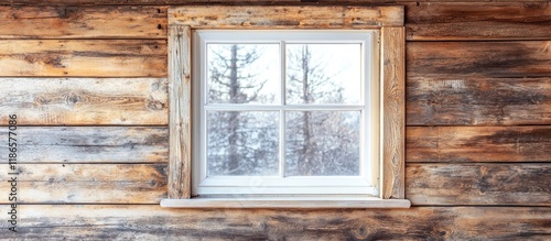 Cozy white window with rustic wooden frame against natural wooden wall enhancing warm and inviting interior decor atmosphere photo