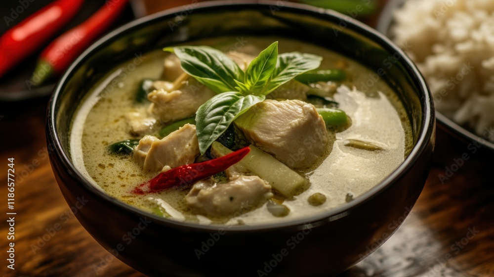 Green curry with chicken and rice in a bowl. Thai food. Green curry with chicken and rice in a bowl. Thai food.