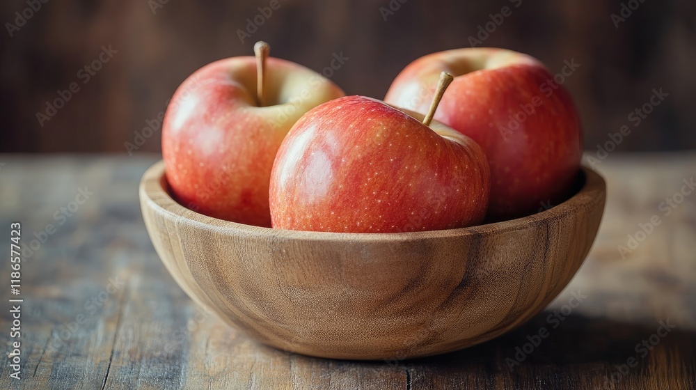 Three Fresh Red Apples in Rustic Wooden Bowl on a Vintage Wooden Table Three Fresh Red Apples in Rustic Wooden Bowl on a Vintage Wooden Table