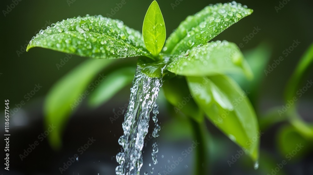 Vibrant green leaf with cascading water droplets, a closeup of nature's purity closeup Vibrant green leaf with cascading water droplets, a closeup of nature's purity closeup
