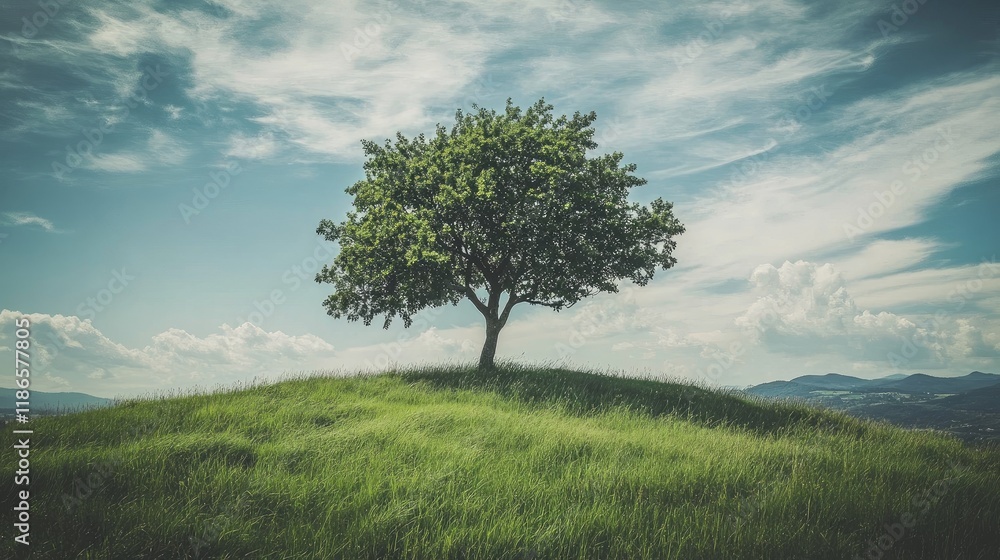 Obraz premium vintage landscape featuring a solitary tree on a grassy hill under a cloudy sky in a serene natural setting