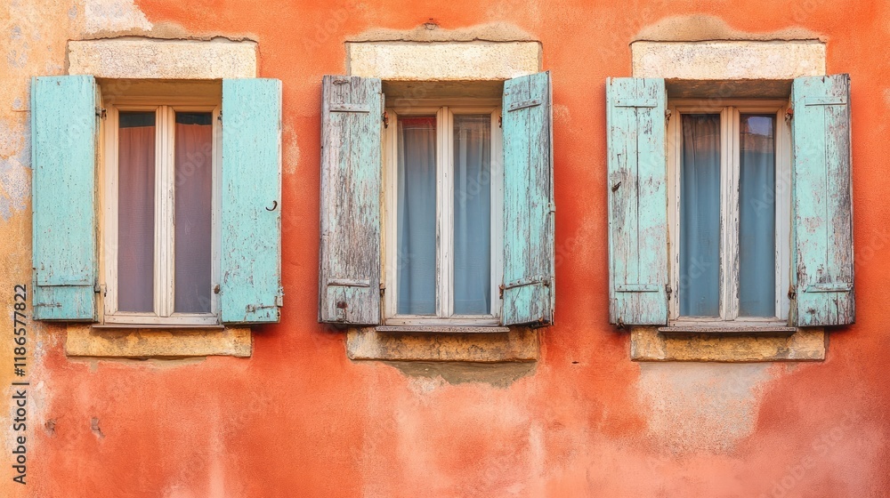 Weathered windows in an aging house showcasing rustic charm and vintage architecture with colorful exterior wall details Weathered windows in an aging house showcasing rustic charm and vintage architecture with colorful exterior wall details