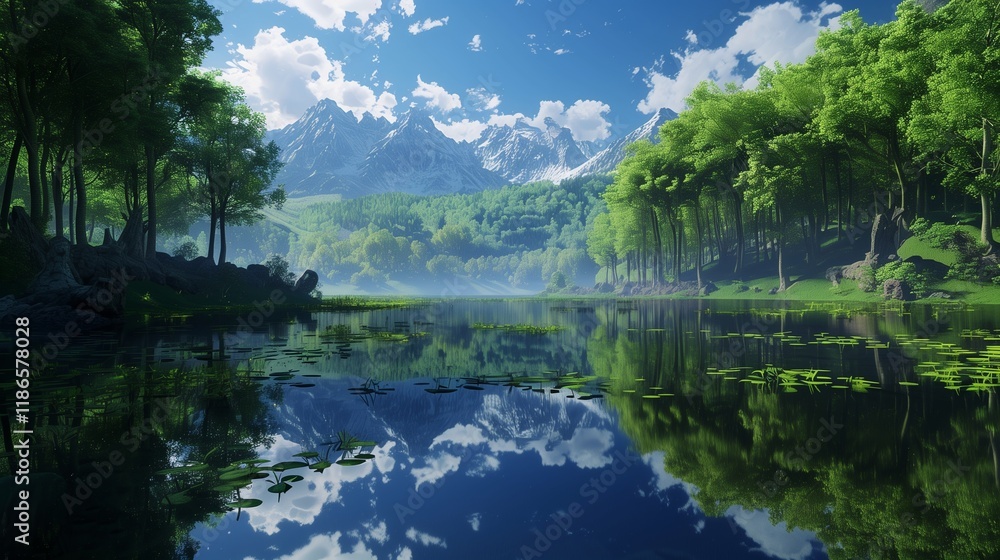 A secluded mountain lake surrounded by a thick forest, with the reflection of trees perfectly mirrored on the surface. A secluded mountain lake surrounded by a thick forest, with the reflection of trees perfectly mirrored on the surface.