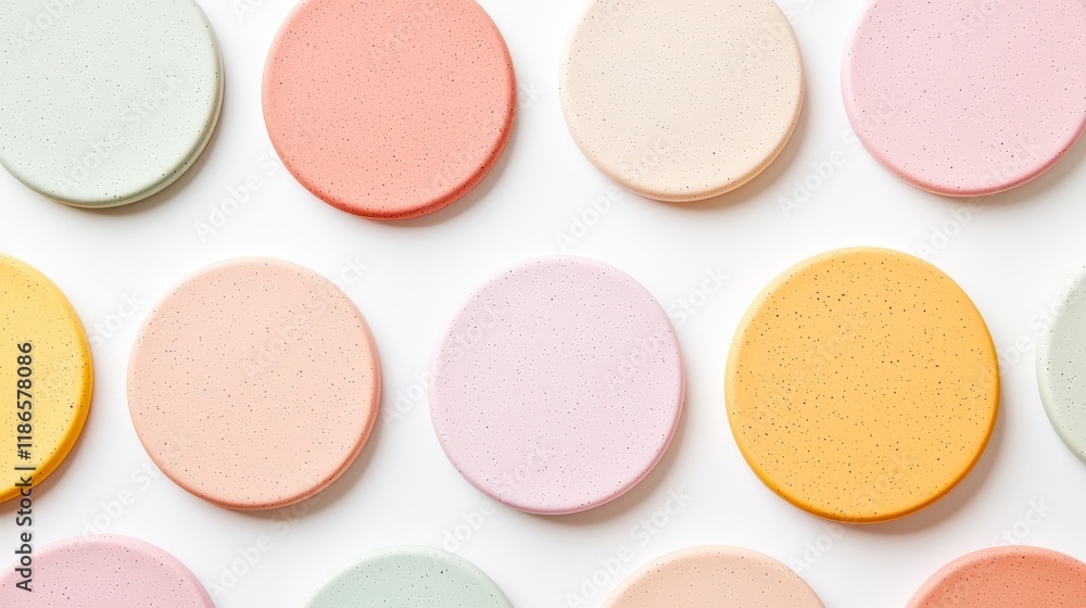 Colorful Circular Stacks of Pastel Discs on White Background for Creative Design Projects and Artwork Colorful Circular Stacks of Pastel Discs on White Background for Creative Design Projects and Artwork