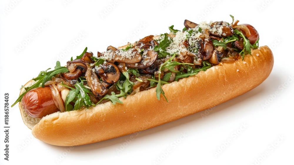 A beautifully arranged gourmet hotdog with a slightly toasted bun, topped with a blend of sautéed mushrooms, caramelized onions, and arugula. A drizzle of aioli and a sprinkle of parmesan cheese. A beautifully arranged gourmet hotdog with a slightly toasted bun, topped with a blend of sautéed mushrooms, caramelized onions, and arugula. A drizzle of aioli and a sprinkle of parmesan cheese.