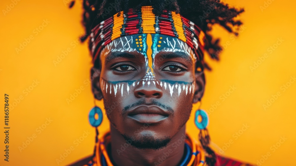 Fototapeta premium Traditional African Male Portrait Showcasing Vibrant Colors and Cultural Body Art Against a Bright Background