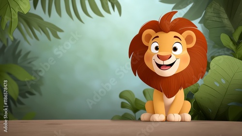 Cute Cartoon Lion Character with Playful Expression in a Lush Jungle Background for Children's Themes photo