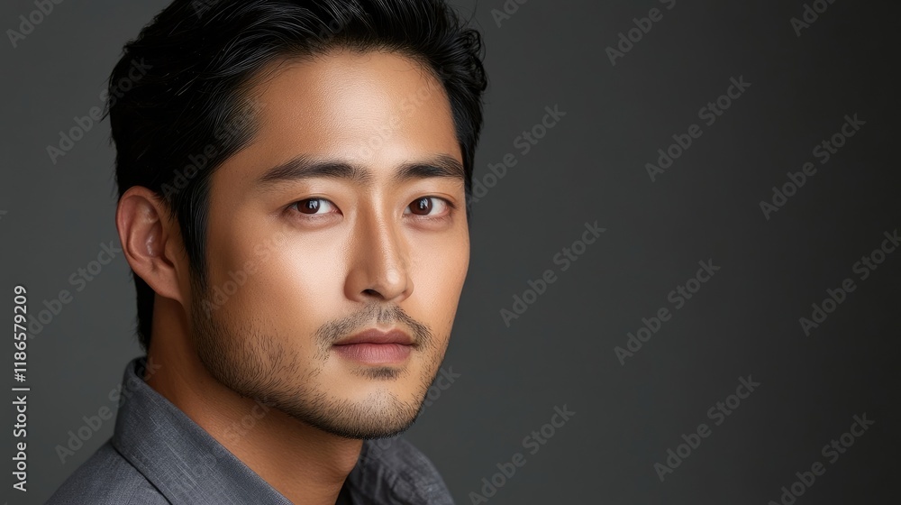 Fototapeta premium Close up portrait of a young Asian man in a grey shirt with slicked back hair on a neutral background ideal for copy space or advertising
