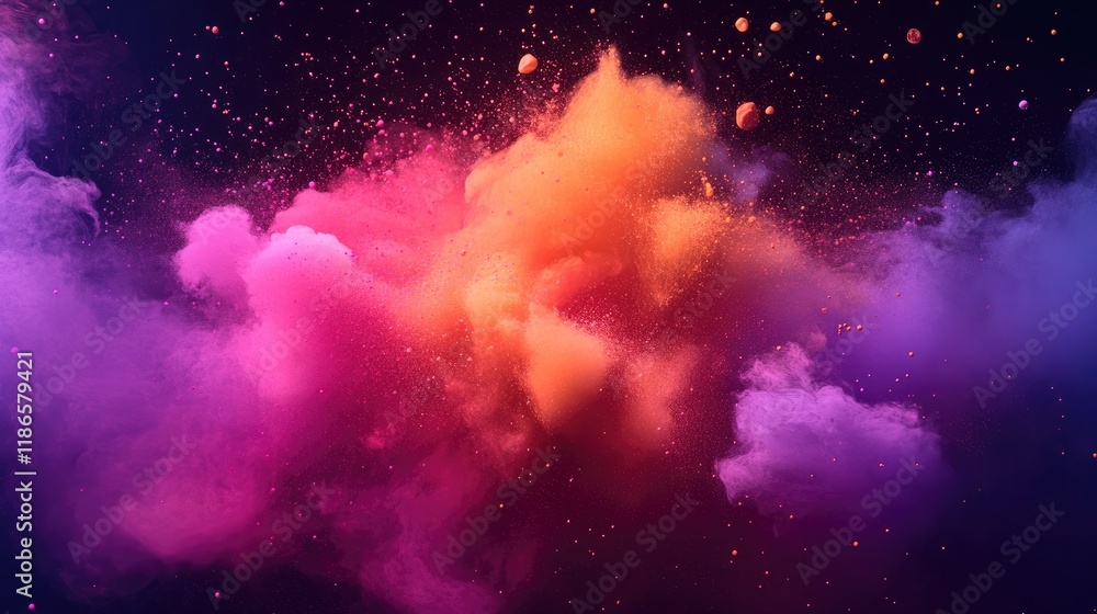 Fototapeta premium Colorful abstract explosion of vibrant smoke and particles creating a mesmerizing background in shades of pink, purple, and orange.