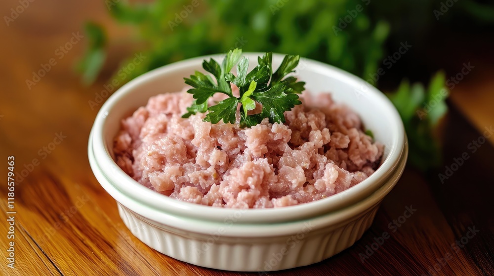 Tuna fish mince Negitoro served in a small bowl garnished with fresh herbs on a wooden table background Tuna fish mince Negitoro served in a small bowl garnished with fresh herbs on a wooden table background