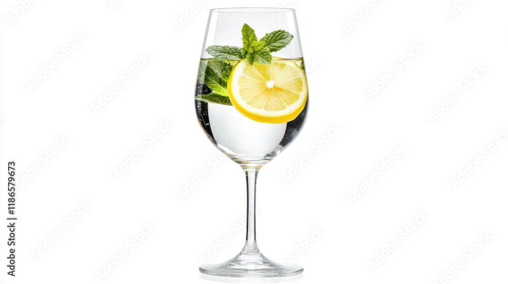 Refreshing lemonade water in a wineglass garnished with mint and lemon slices on a pristine white background. Refreshing lemonade water in a wineglass garnished with mint and lemon slices on a pristine white background.