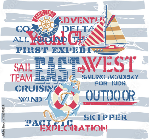 Cute kids sailing cruise yacht club elements and badges patchwork abstract grunge vector for marine baby children wear fabric shirt sweatshirt, pajam