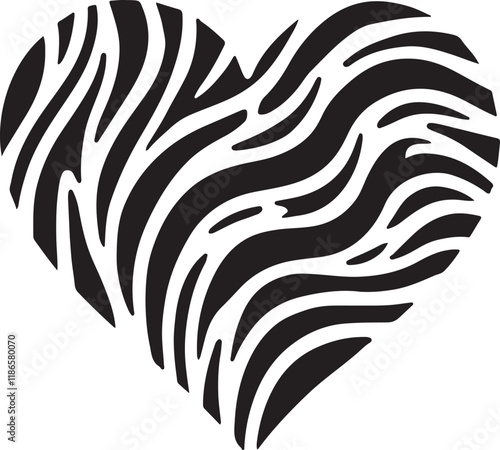 A stylish silhouette vector design of a heart with a classic zebra stripe pattern, perfect for trendy, animal print-inspired projects.