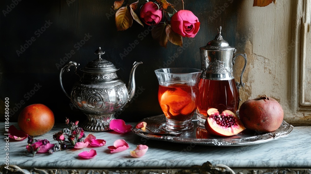 Fototapeta premium Turkish Delight Hot Tea with Persimmons and Roses on a Silver Dish Elegant Still Life Composition