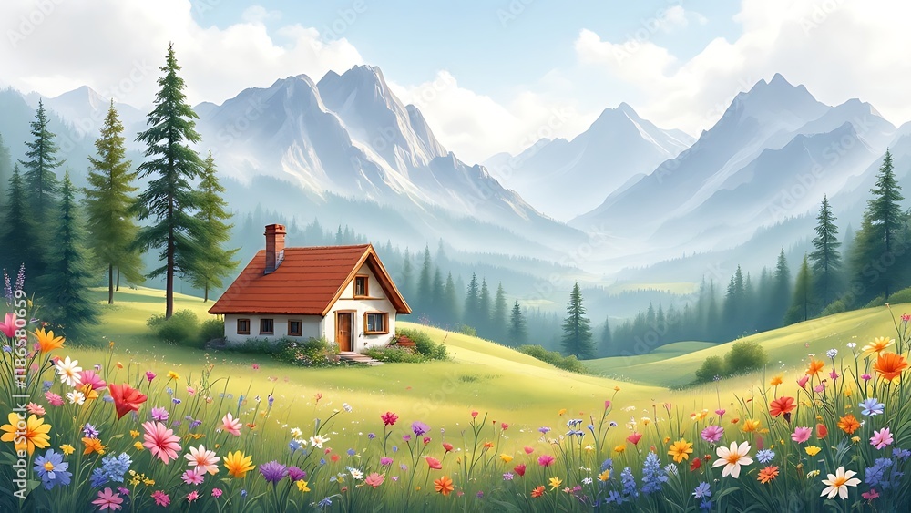Fototapeta premium Scenic mountain landscape featuring a charming cottage surrounded by vibrant wildflowers and lush greenery