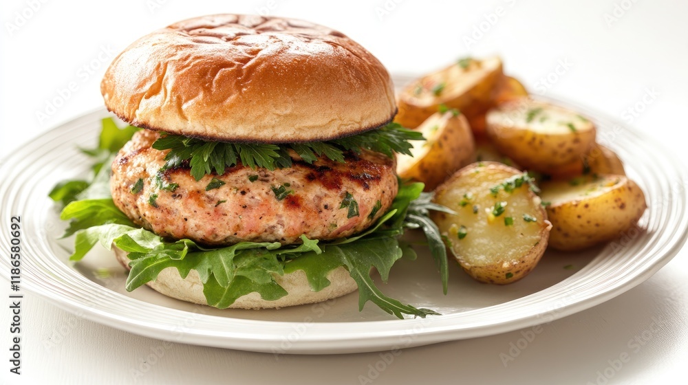 Turkey burger with bun lettuce and fried potatoes on plate served isolated on white background Turkey burger with bun lettuce and fried potatoes on plate served isolated on white background
