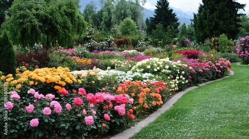 Wallpaper Mural Lush rose garden in full bloom showcasing a colorful array of flowers against a serene landscape backdrop with majestic mountains. Torontodigital.ca